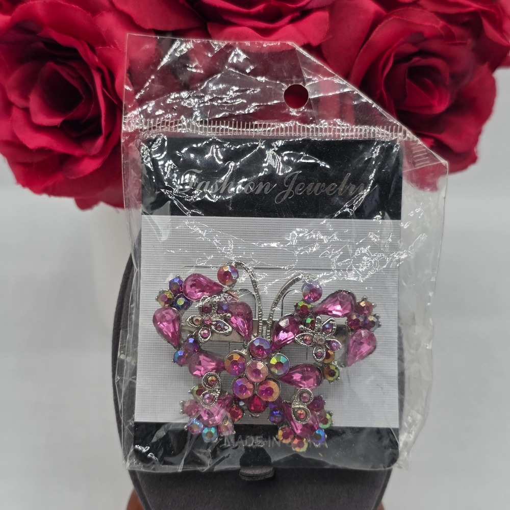 Pink Rhinestone Butterfly Hair Clip Silver Tone AB Crystal Insect Barrette Glam